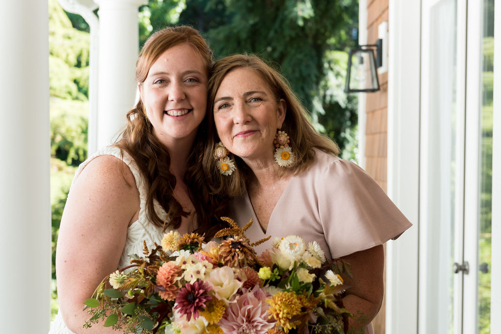 Bainbridge-Island-Wedding-Bride-and-Mom The bride and her mom with custom floral earrings