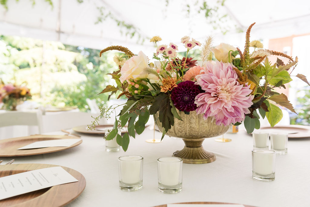 Bainbridge-Island-Wedding-Centerpiece-Dahlias Wedding centerpiece with dahlias
