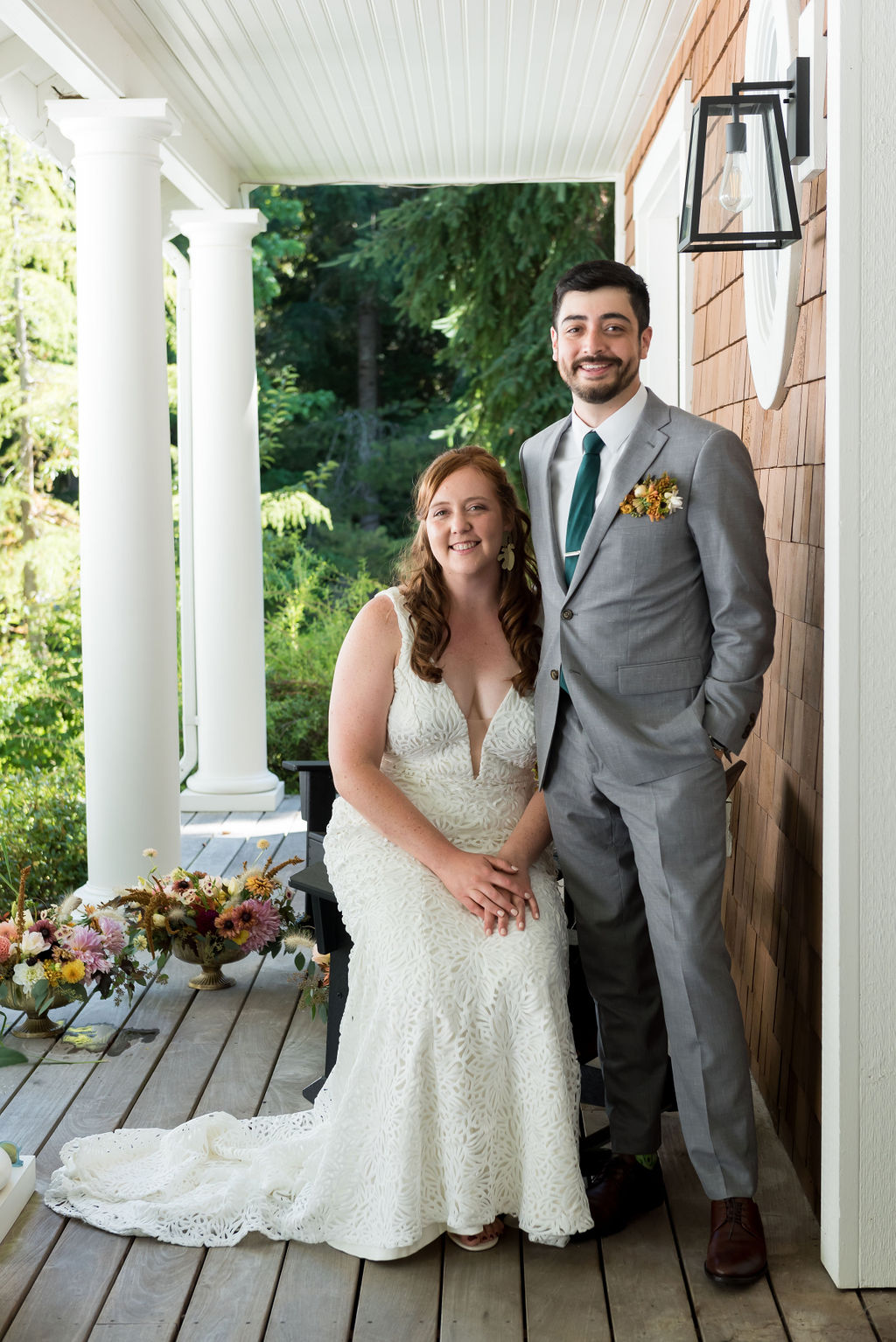 Bainbridge-Island-Wedding-Couple-on-Porch Bride and groom standing on porch