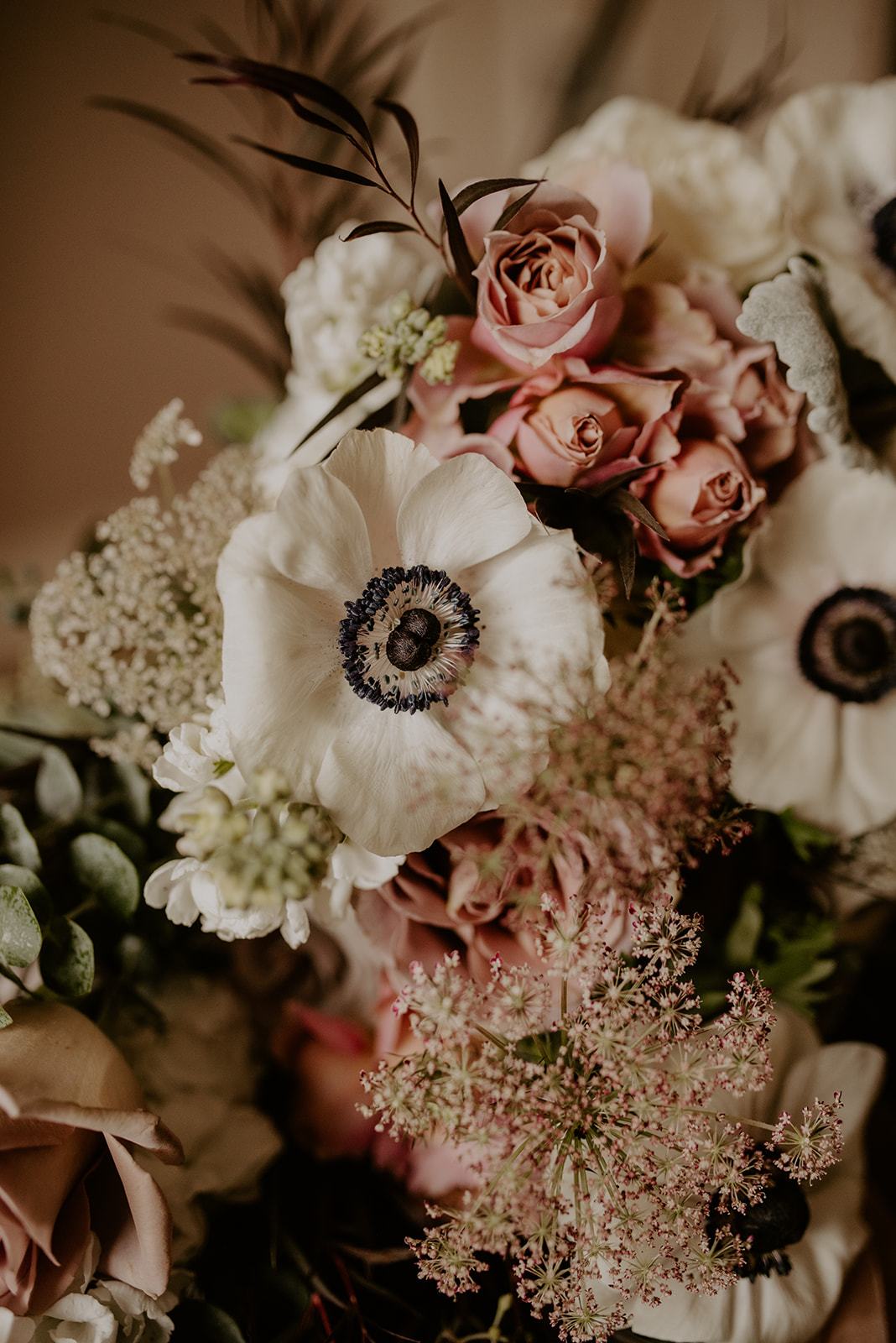 Kelley-Farm-Wedding-Anenome-Details.jpg Details of the bridal bouquet with anenomes and roses