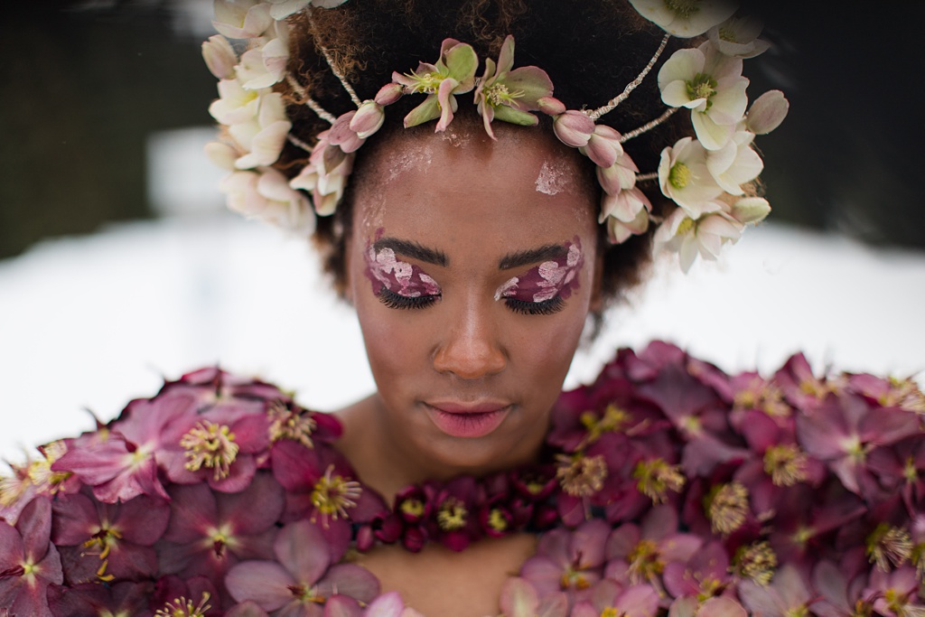 Seattle-Wedding-Florist-Bloom-Poet-Couture-Flower-Dress-American-Flowers-Week-2021-Makeup-Detail Petal effect makeup close up