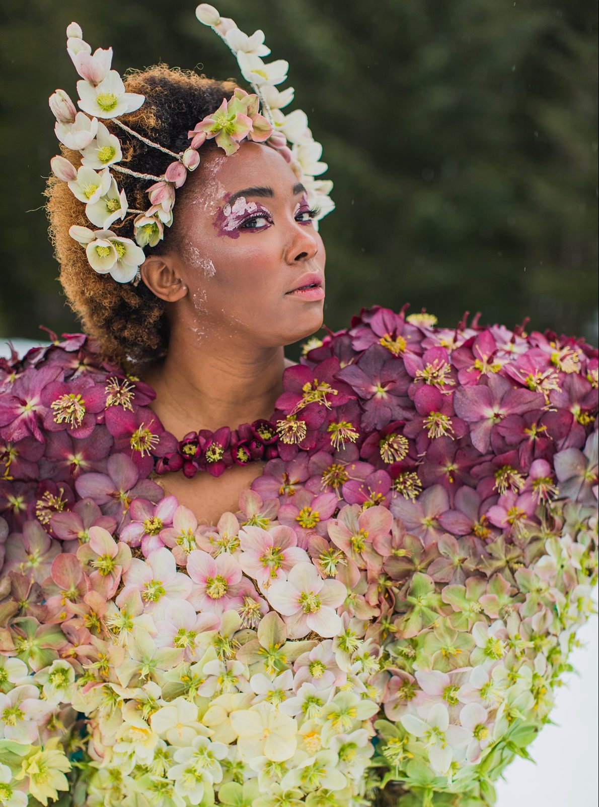 A flower dress made of hellebores