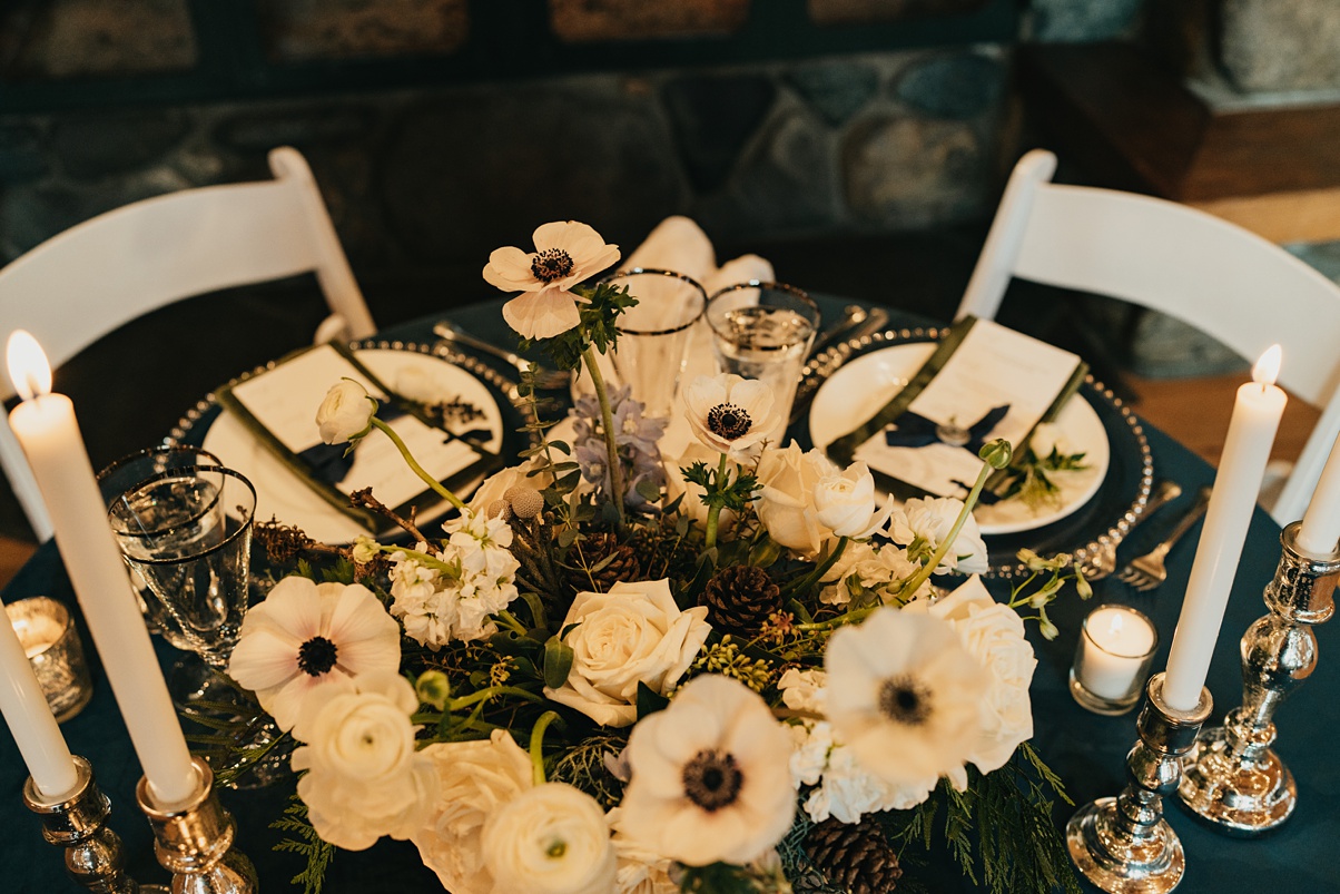 A low floral centerpiece at the wedding