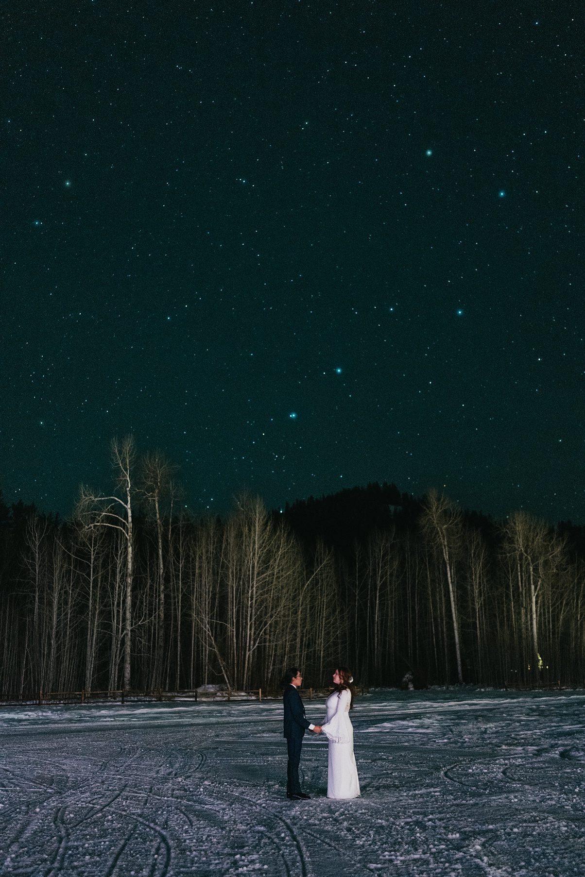 A couple standing in the snow, with the night sky above them