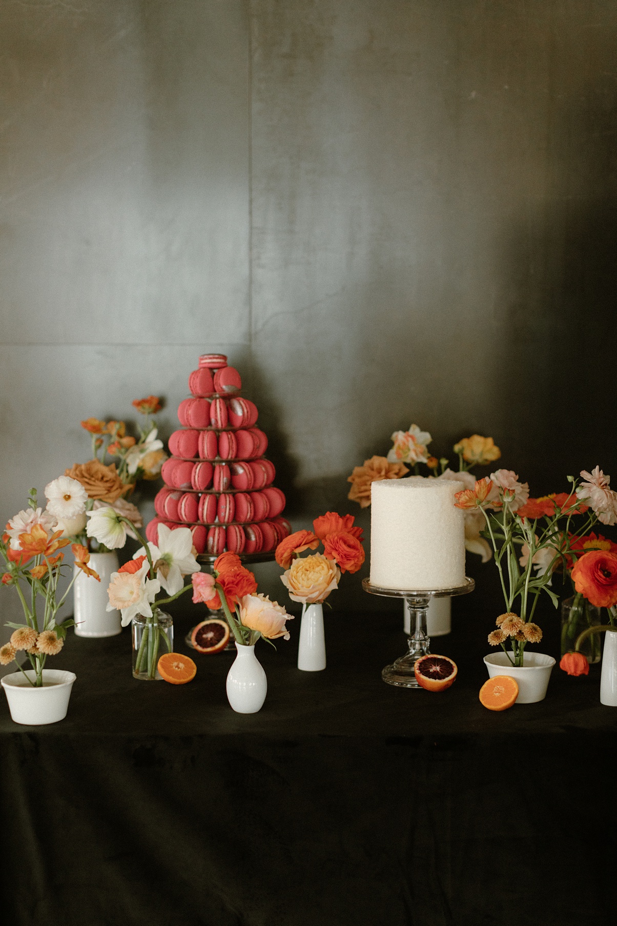 Block-41-Wedding-Cake-Table Block 41 wedding cake table with cake, macarons, and of course flowers