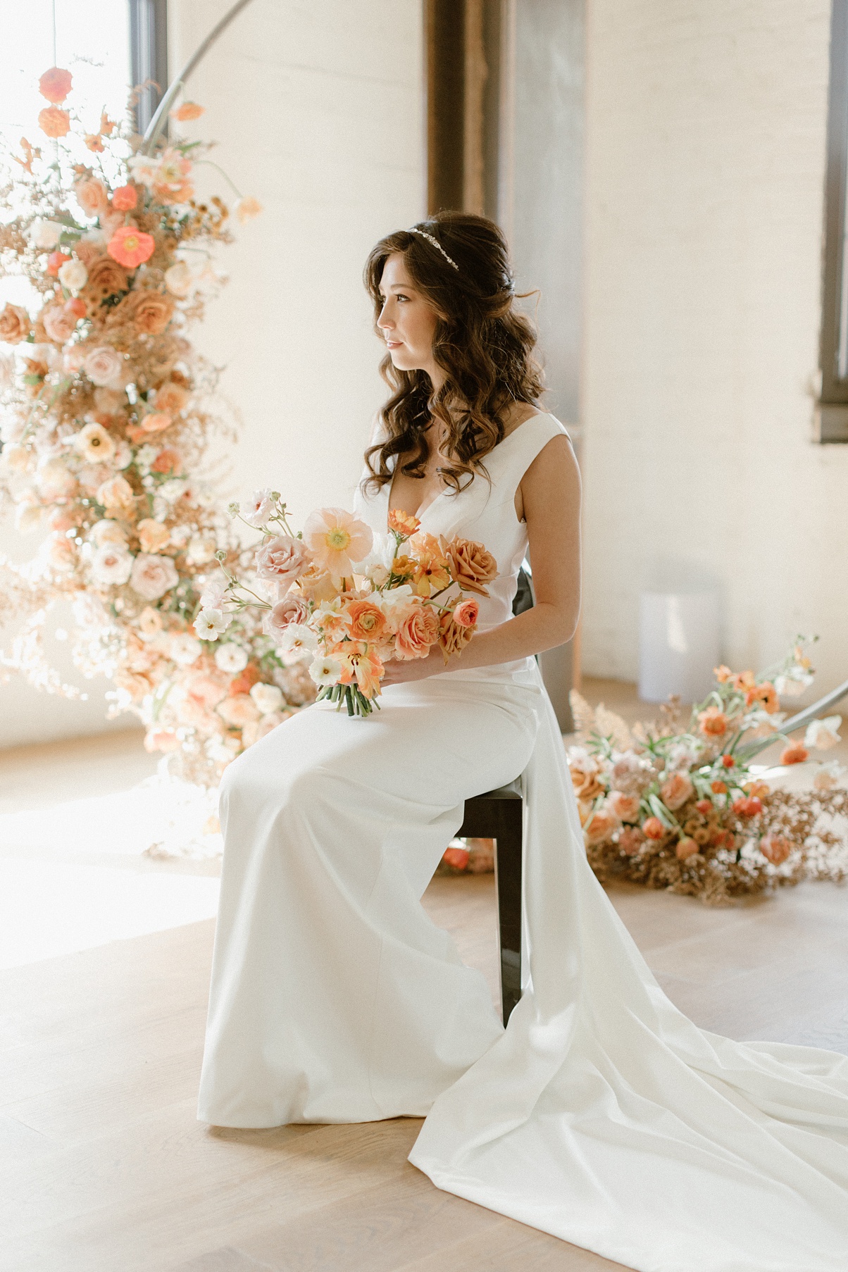 Block-41-Wedding-Dreamy-Bridal-Portrait Bridal portrait at Block 41 wedding in front of circle arch, covered in flowers