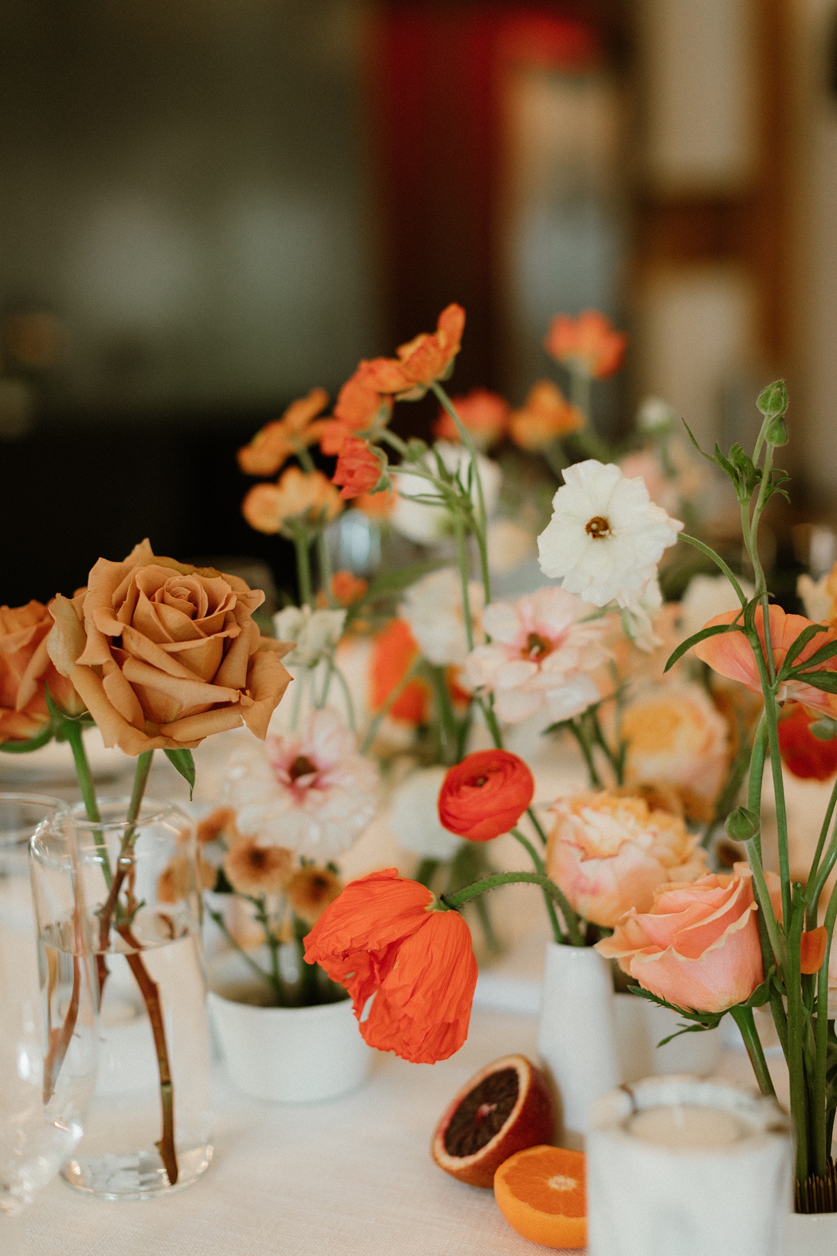 Block-41-Wedding-Kings-Table-Florals Flowers in bud vases on the Block 41 wedding kings table