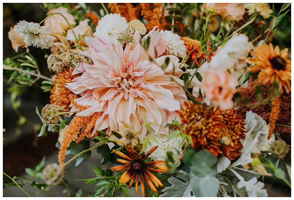 Seattle-Wedding-Florist-Bloom-Poet-Fall-Wedding-Boho-Flowers-Bouquet-Dahlia A closeup of the fall wedding bouquet and cafe au lait dahlia