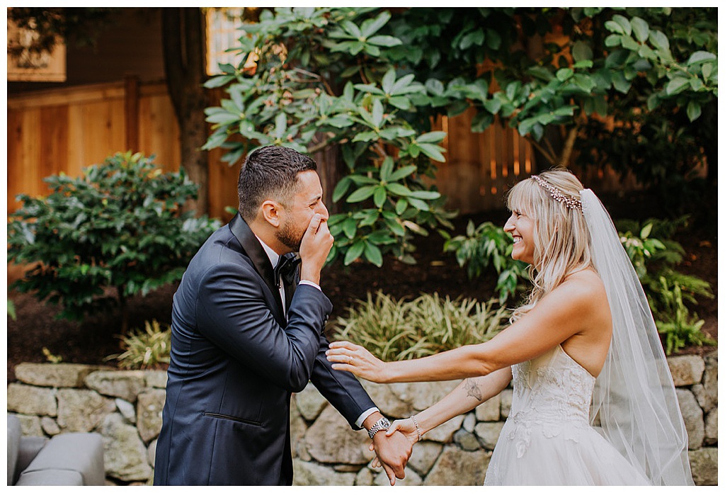 Seattle-Wedding-Florist-Bloom-Poet-Fall-Wedding-Boho-Flowers-First-Look The groom reacts to the first look