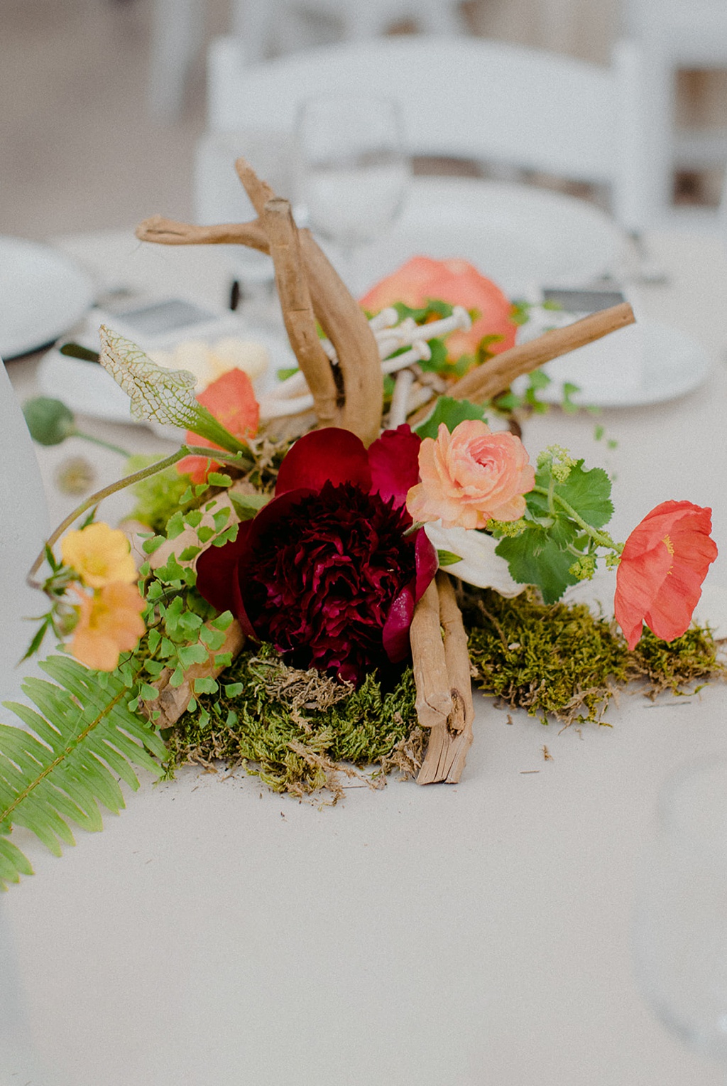 Bloom-Poet-Seattle-Wedding-Florist-Kiana-Lodge-Wedding-Peony A Kiana Lodge wedding reception centerpiece with a large peony