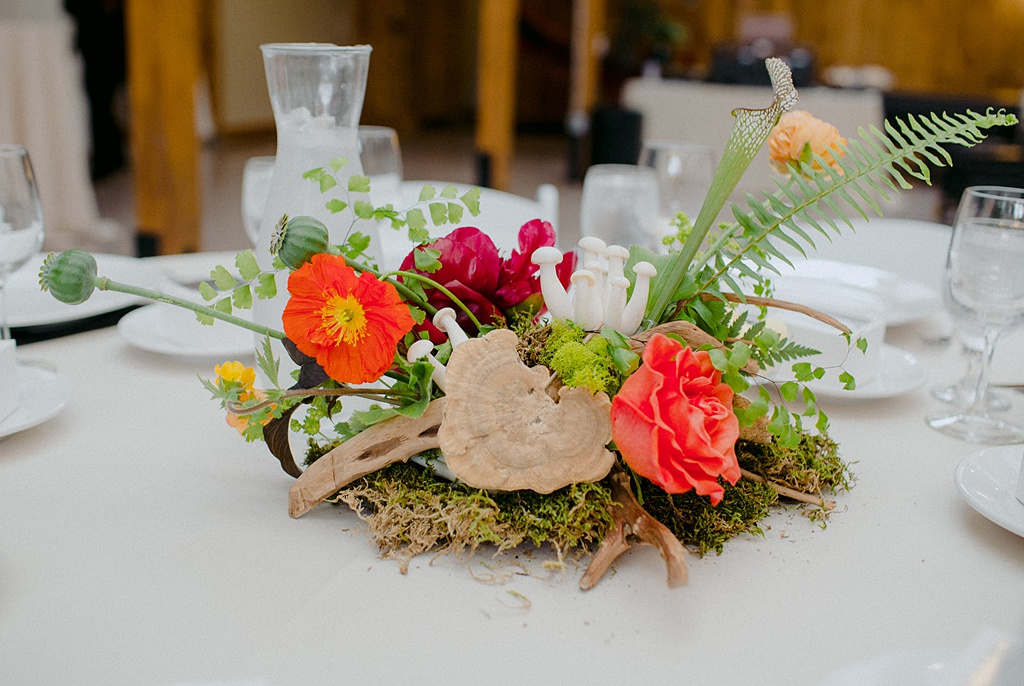 Bloom-Poet-Seattle-Wedding-Florist-Kiana-Lodge-Wedding-Table-Centerpiece A Kiana Lodge wedding floral centerpiece with mushrooms and poppies