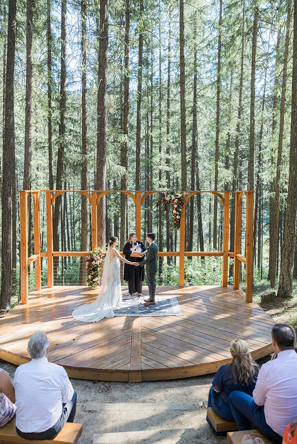 Bloom-Poet-Seattle-Wedding-Florist-Tierra-Retreat-Center-Forest-Wedding-Ceremony The tall pine trees and wedding florals provide a stunning ceremony backdrop for this Tierra Retreat Center wedding